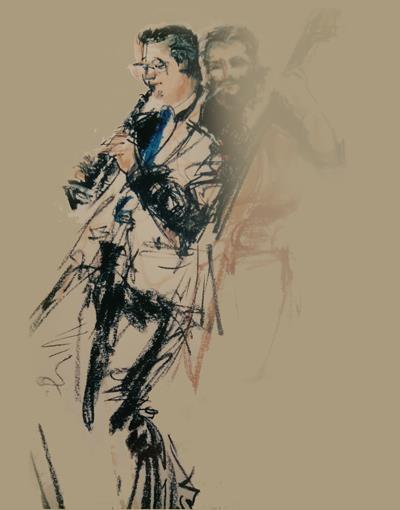Sketch of Torsten Plagenz playing clarinet, a double bass player behind him